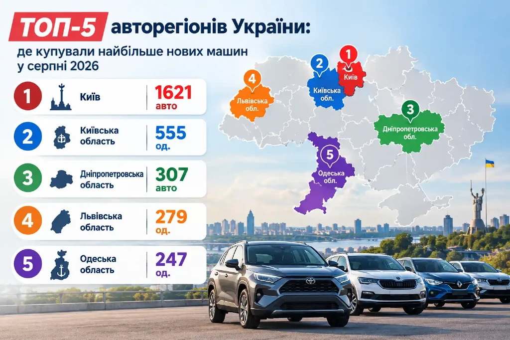ТОП-5 авторегионов Украины: где покупали больше всего новых машин в августе