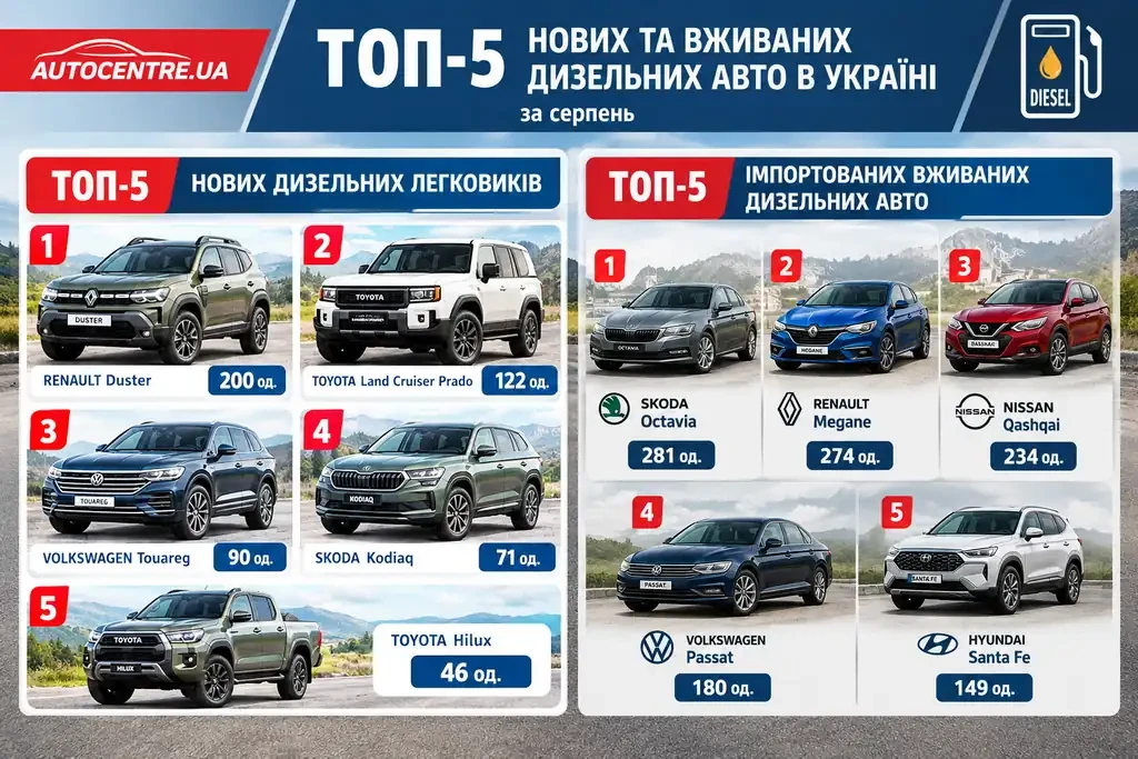 ТОП-5 новых и подержанных дизельных авто в Украине за август